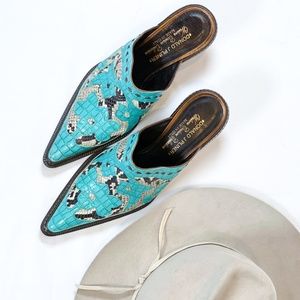Donald J. Pliner - Western Turquoise, Black and White Crocodile Mules - Size 8